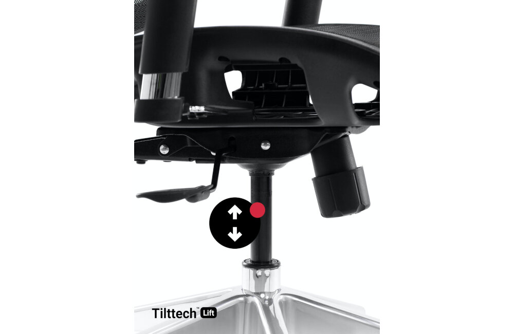 Zdjęcie przedstawia mechanizm regulacji wysokości fotela z napisem \'Tilttech Lift\'. Widoczny jest czarny element z dźwignią oraz symbol strzałek w górę i w dół.