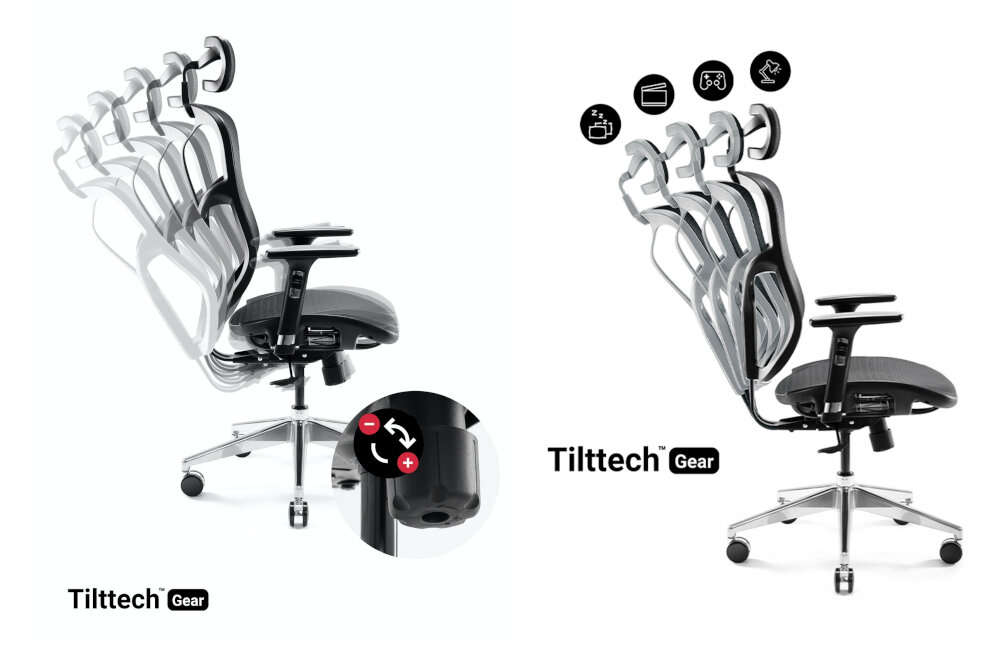 Obraz przedstawia fotel biurowy z mechanizmem regulacji nachylenia oparcia, pokazany w kilku pozycjach. Widoczne jest logo \'Tilttech Gear\' oraz zbliżenie na element regulacyjny z symbolami plusa i minusa.