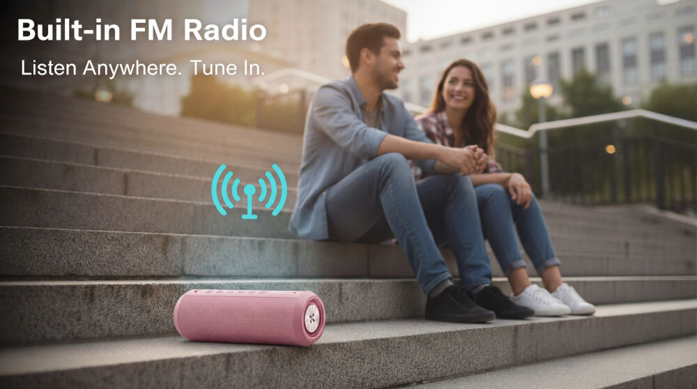 Różowy głośnik mobilny leży na schodach, obok siedzą dwie osoby. Na obrazie widoczny jest tekst: \'Built-in FM Radio Listen Anywhere. Tune In.\'