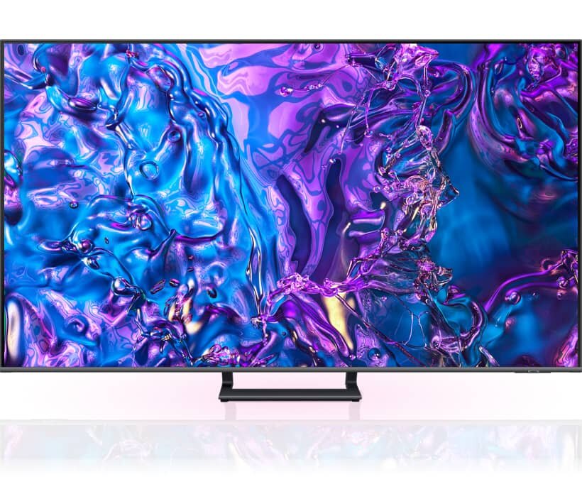 Telewizor z dużym ekranem wyświetlający abstrakcyjną grafikę w odcieniach niebieskiego i fioletowego. Urządzenie stoi na prostokątnej podstawie.