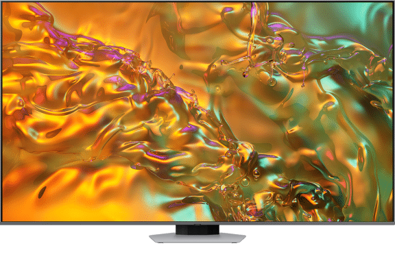Telewizor z dużym ekranem wyświetlający abstrakcyjny, kolorowy wzór w odcieniach pomarańczowego i zielonego. Urządzenie stoi na prostokątnej podstawie.