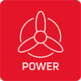 Czerwona ikona z białym symbolem trójramiennego wirnika i napisem \'POWER\'.
