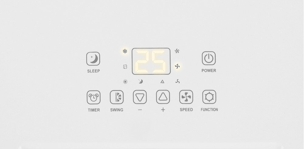 Panel sterowania klimatyzatora z wyświetlaczem pokazującym temperaturę 25 stopni oraz ikonami funkcji: SLEEP, POWER, TIMER, SWING, SPEED, FUNCTION.