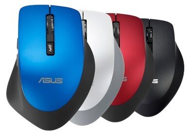 Na obrazie widoczne są cztery myszki komputerowe w kolorach: niebieskim, białym, czerwonym i czarnym. Na każdej z nich znajduje się logo \'ASUS\' oraz przycisk z napisem \'DPI\'.