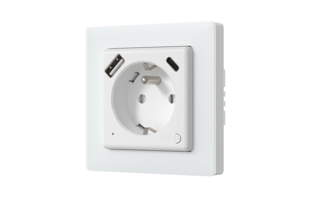 Inteligentne gniazdko AVATTO WOT20-FR, sterowanie, dom, gniazdko, zdalne, Białe inteligentne gniazdko ścienne z USB-A i USB-C, widok pod kątem. (68 znaków)