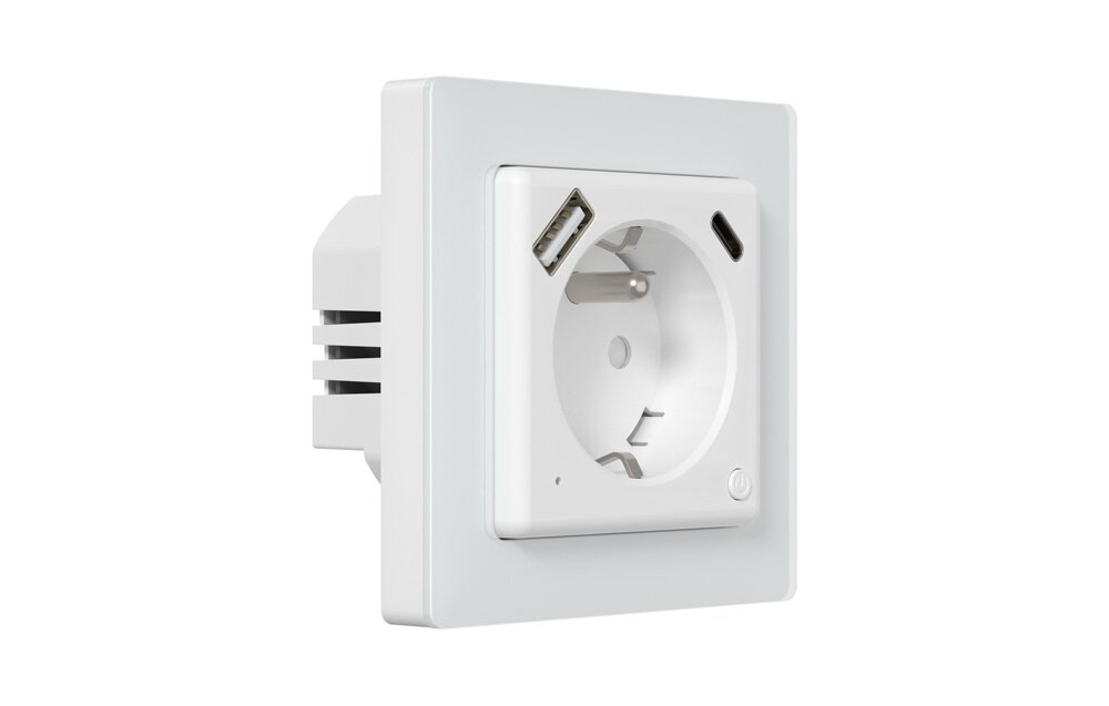 Inteligentne gniazdko AVATTO WOT20-FR, aplikacje, głosowe, USB-C, ładowanie, Boczny profil gniazdka smart z widocznym mechanizmem do puszki. (65 znaków)