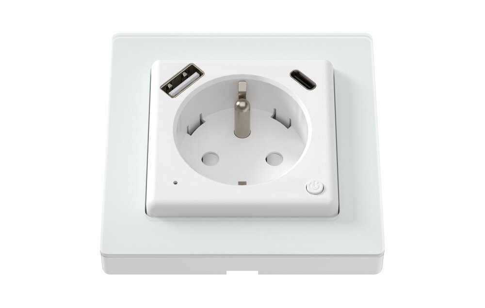 Inteligentne gniazdko AVATTO WOT20-FR, WiFi, obciążenie, podtynkowy, certyfikaty, Gniazdko ścienne smart z wejściami USB-A oraz USB-C, widok od frontu. (68 znaków)
