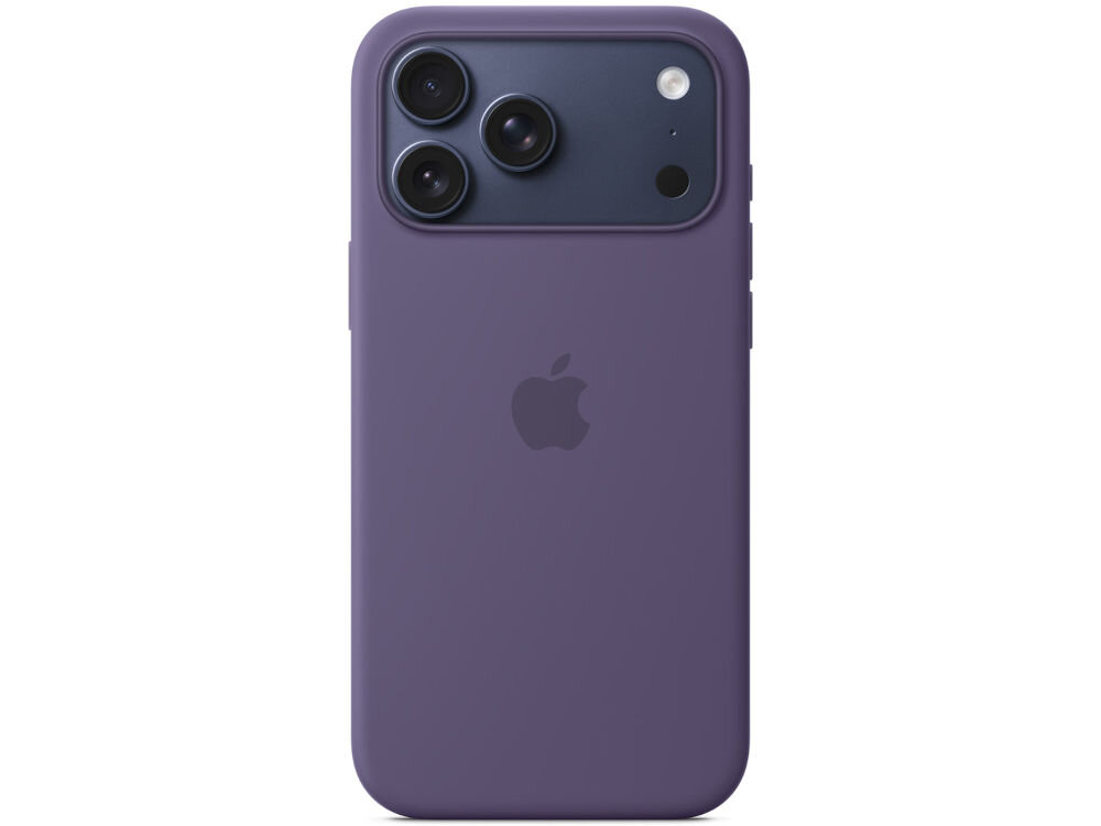Na obrazie widoczne jest fioletowe etui na telefon z logo w kształcie nadgryzionego jabłka. Etui posiada wycięcia na trzy obiektywy aparatu oraz dodatkowe otwory na inne elementy telefonu.