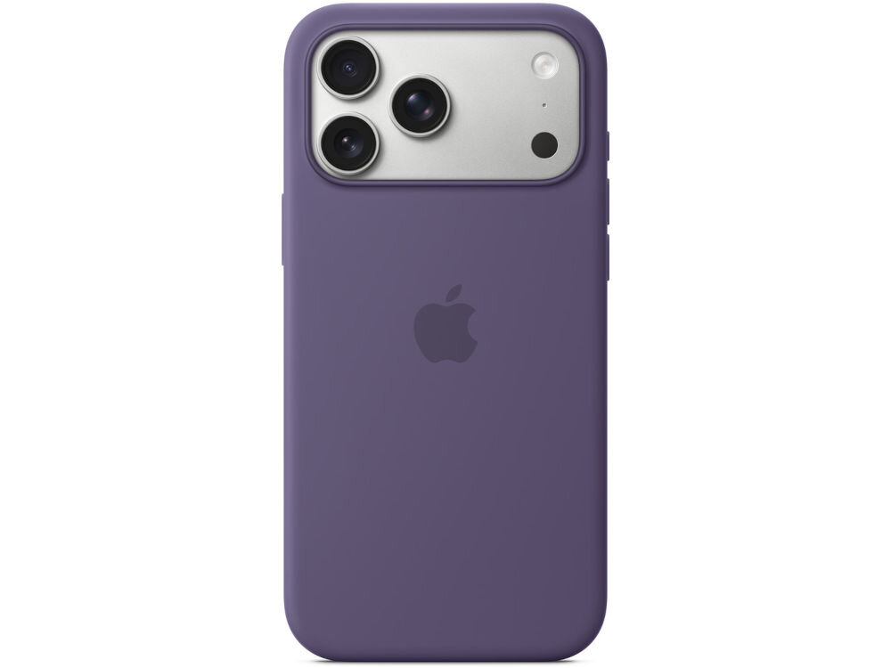 Na obrazie widoczne jest fioletowe etui na telefon z trzema obiektywami aparatu i logo w kształcie nadgryzionego jabłka.
