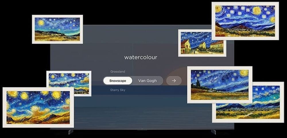Na ekranie telewizora wyświetlony jest interfejs z napisem \'watercolour\' oraz opcjami \'Snowscape\' i \'Van Gogh\'. Wokół ekranu rozmieszczone są reprodukcje obrazów w stylu Van Gogha.