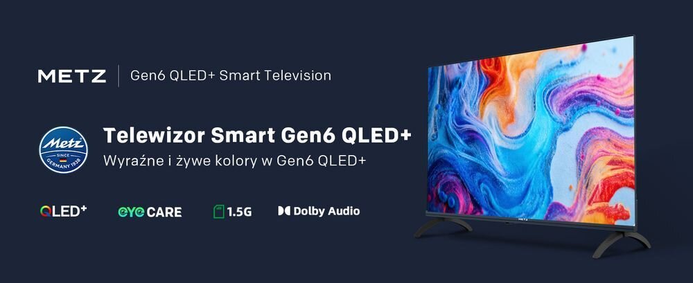 Telewizor METZ 40MQH7030Z QLED żywe kolory HDR Google TV, telewizor po skosie na ciemnym tle