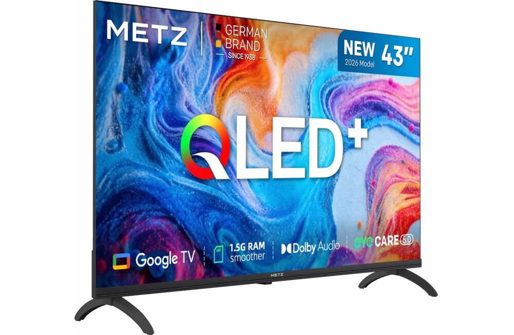 Telewizor METZ 43MQH7030Z trwałość kolorów kropki kwantowe 4 warstwy, telewizor po skosie na biały m tle