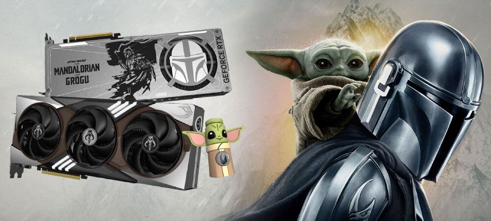 Karta graficzna MSI GeForce RTX 5080 The Mandalorian and Grogu Edition OC 16GB Grafika przedstawiająca kartę graficzną od strony wentylatorów oraz backplate z motywem postaci Mandalorianina i Grogu obok figurki Grogu służącej jako podpórka na tle ośnieżonych gór, opis