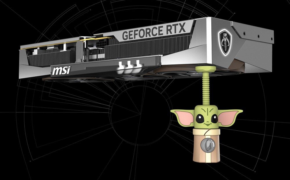 Karta graficzna MSI GeForce RTX 5080 The Mandalorian and Grogu Edition OC 16GB Karta graficzna zamontowana w poziomie wspierana przez regulowaną podpórkę w kształcie figurki Grogu na ciemnym tle, podpórka