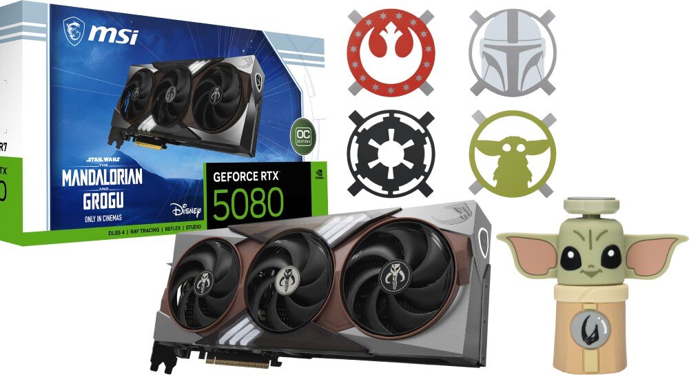 Karta graficzna MSI GeForce RTX 5080 The Mandalorian and Grogu Edition OC 16GB Zdjęcie karty graficznej wraz z akcesoriami na białym tle