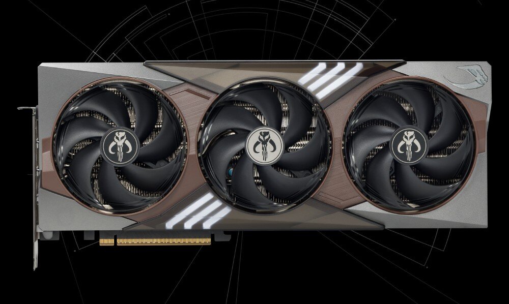 Karta graficzna MSI GeForce RTX 5080 The Mandalorian and Grogu Edition OC 16GB Przód karty graficznej z trzema wentylatorami posiadającymi logo z hełmem Mandalorianina na czarnym tle z geometrycznymi liniami, architektura, rdzenie CUDA, pamięć