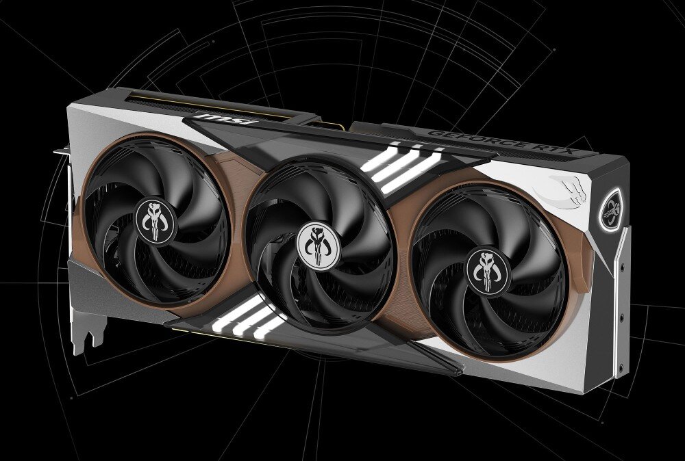 Karta graficzna MSI GeForce RTX 5080 The Mandalorian and Grogu Edition OC 16GB Karta graficzna ukazana pod kątem eksponująca trzy wentylatory oraz boczną krawędź z logotypami msi i GeForce RTX, system chłodzenia