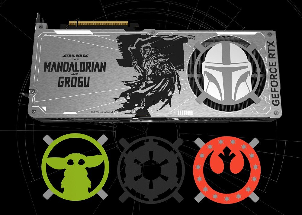 Karta graficzna MSI GeForce RTX 5080 The Mandalorian and Grogu Edition OC 16GB Widok na metalowy backplate karty z grafiką Mandalorianina oraz trzy wymienne magnetyczne etykiety z symbolami Grogu, Imperium i Rebelii, personalizacja, wygląd