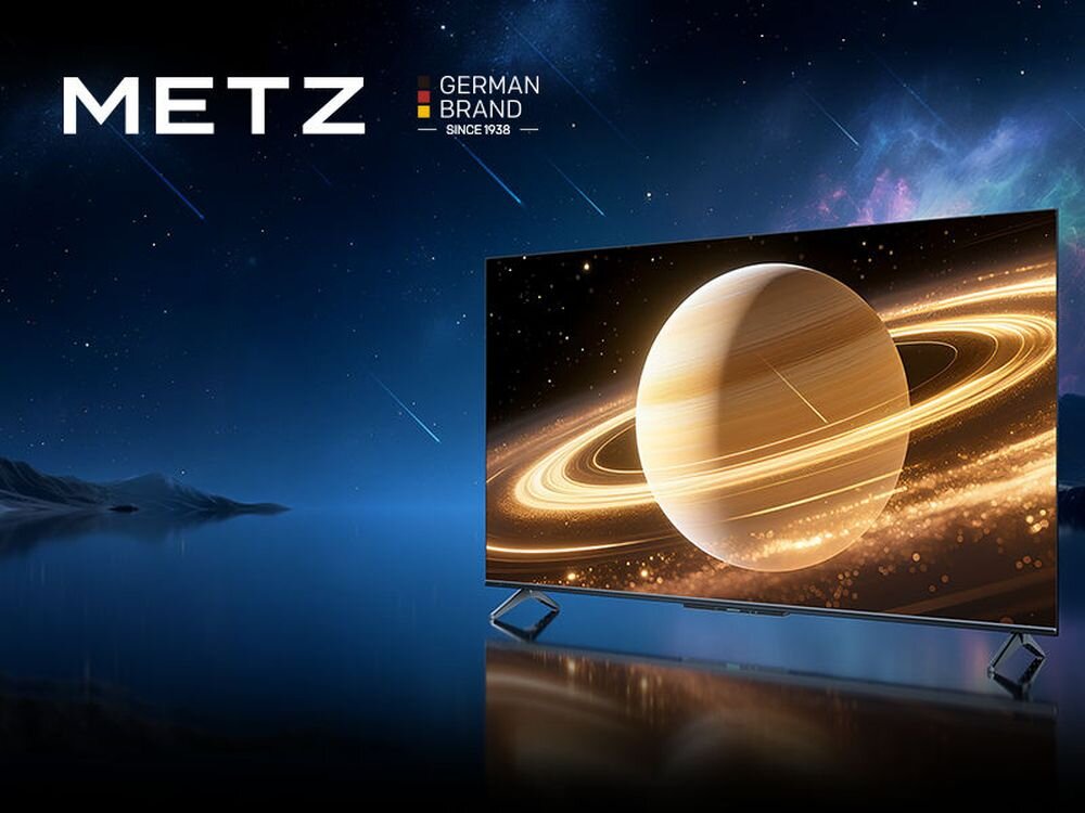 Telewizor METZ 60MNH7030Z matowy ekran Ultra QD-Mini LED szeroki kąt widzenia i wyraźny obraz, telewizor po skosie na tafli wody