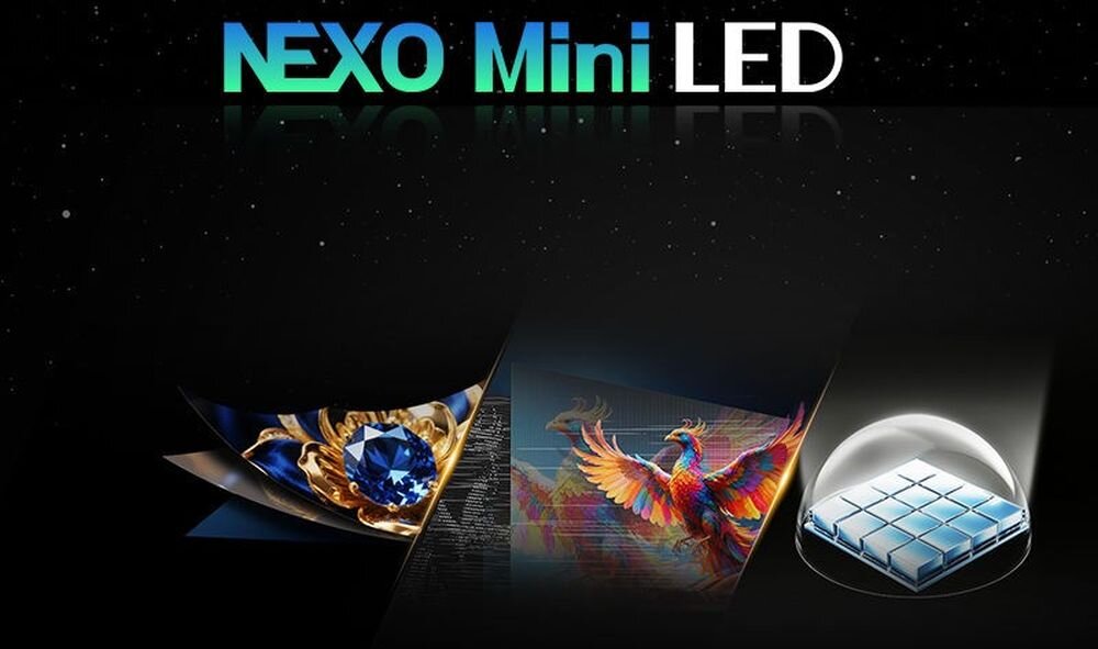 Telewizor METZ 60MNH7030Z Ultra QD Mini LED matowy ekran i 16-kryształowe diody, trzy grafiki przedstawiające technologie na ciemnym tle