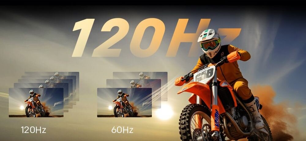 Telewizor METZ 60MNH7030Z 120Hz Turbo Motion i płynny obraz, osoba jadnąca na crossie po piasku
