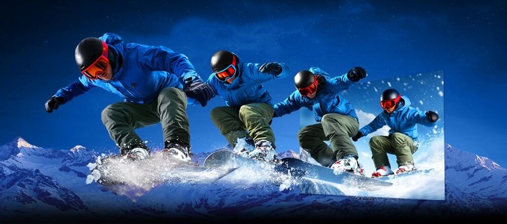 Telewizor METZ 60MNH7030Z MEMC redukcja smużenia i płynny obraz, osoba jadąca na desce snowboardowej na tle gór