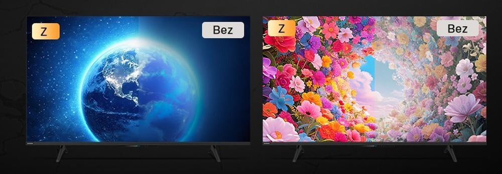 Telewizor METZ 60MNH7030Z warstwa Ultra Clarity wyraźne detale i realistyczne kolory, dwa telewizory od frontu na czarnym tle