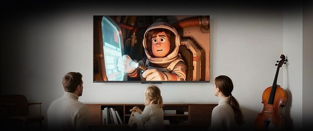 Telewizor METZ 60MNH7030Z Ultra Wide View i obraz widoczny z różnych miejsc, rodzina oglądająca film animowany na telewizorze