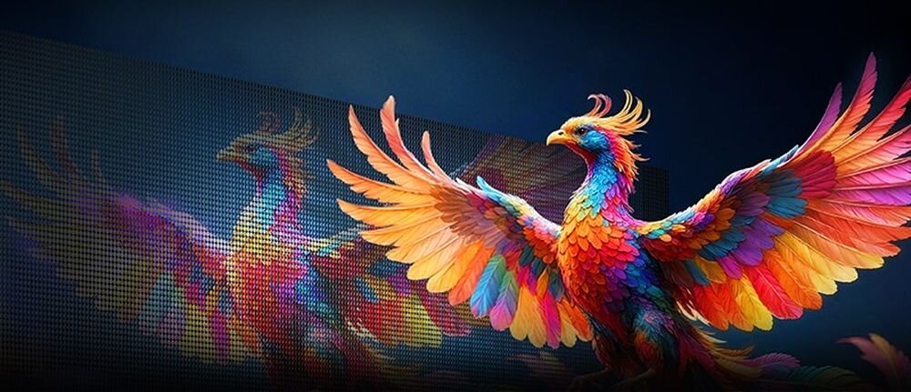 Telewizor METZ 60MNH7030Z QD Mini LED realistyczne kolory i wysoka jasność, feniks na ciemnym tle