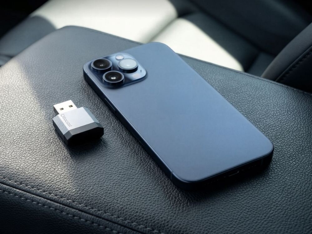 Adapter OTTOCAST CA530-T3 Mini Nova Wireless CarPlay Wireless Android Auto bezprzewodowy adapter samochodowy połączenia muzyka nawigacja, adapter i smartfon leżący na podłokietniku w samochodzie
