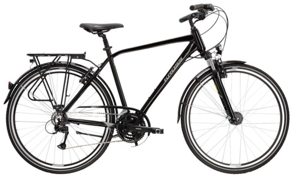 Rower trekkingowy KROSS Trans 4.0 M17 28 cali męski Czarno-szary rower na białym tle widoczny z boku komfort jazdy po asfalcie i po nieutwardzonych drogach „trekkingowa geometria” jazda w niemęczącej, naturalnej – wyprostowanej pozycji