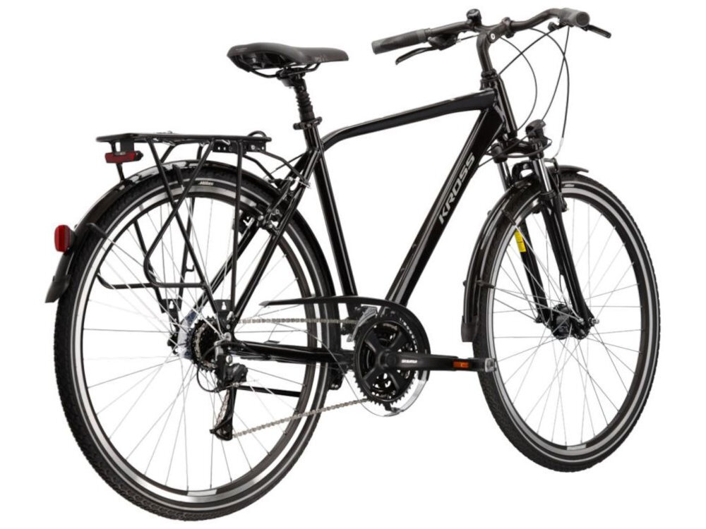 Rower trekkingowy KROSS Trans 4.0 M17 28 cali męski Czarno-szary rower na białym tle widoczny od tyłu pod skosem błotniki osłonę łańcucha błotniki ograniczają rozpryskiwanie wody, błota i drobnych zanieczyszczeń osłona łańcucha zabezpiecza napęd przed częścią zabrudzeń zmniejsza ryzyko przypadkowego kontaktu nogawki z pracującym łańcuchem