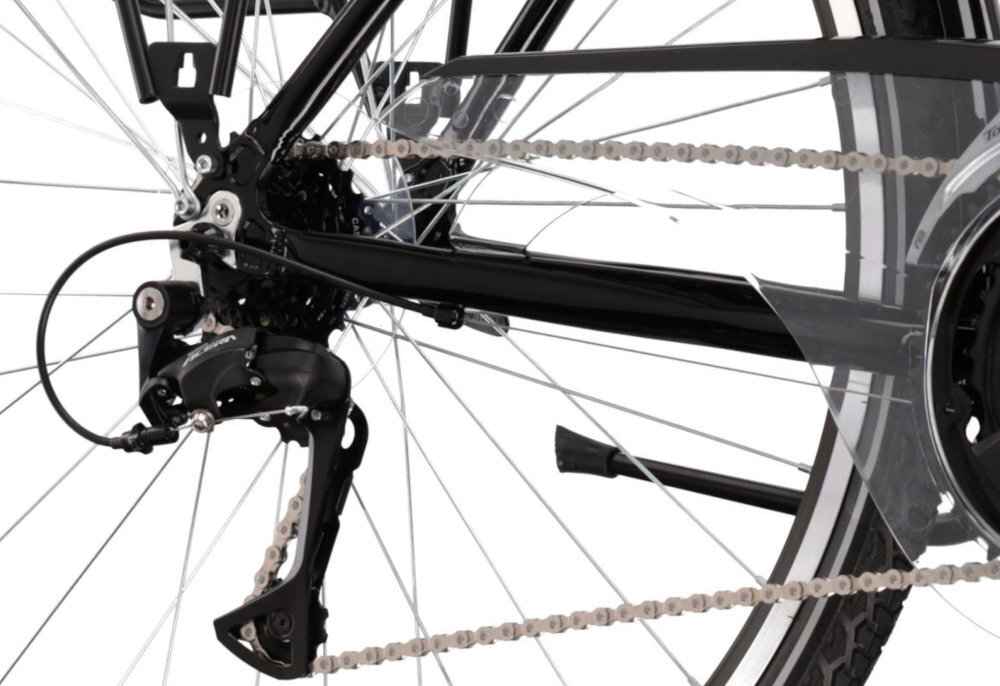 Rower trekkingowy KROSS Trans 4.0 M17 28 cali męski Czarno-szary zbliżenie na tylną przerzutkę przerzutki marki SUNRACE 21 przełożeń duża wytrzymałość sprawne działanie zmiana biegów jest płynna i bezproblemowa przednie przerzutki SHIMANO Tourney tylne SHIMANO Acera precyzyjna praca mechanizmu komfort i kontrola