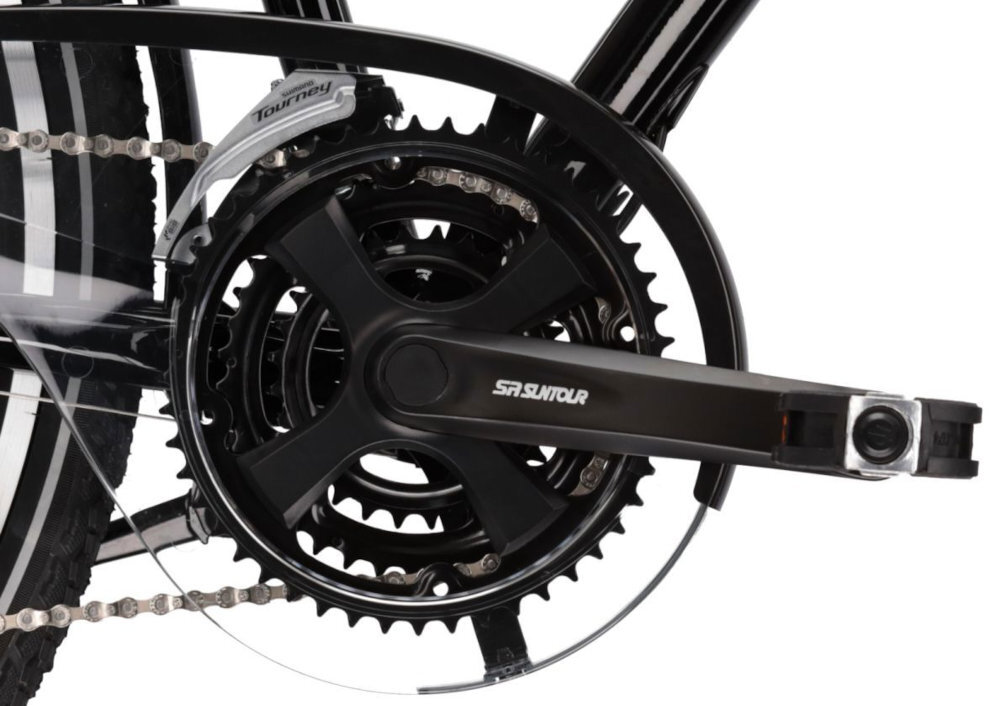 Rower trekkingowy KROSS Trans 4.0 M17 28 cali męski Czarno-szary zbliżenie na kasetę i wolnobieg korba PROWHEEL kaseta SHIMANO typu 12-28T płynność pracy układu napędowego swobodne dopasowanie przełożenia do ukształtowania terenu i tempa poruszania się równomierne przenoszenie energii z pedałów na napęd