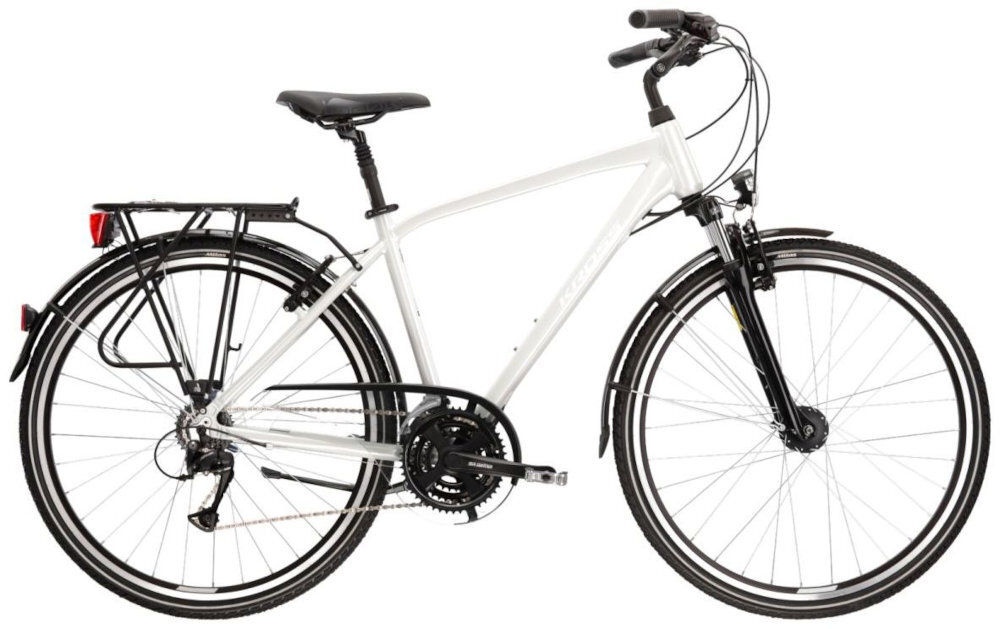 Rower trekkingowy KROSS Trans 4.0 M21 28 cali męski Perłowo-czarny rower na białym tle widoczny z boku komfort jazdy po asfalcie i po nieutwardzonych drogach „trekkingowa geometria” jazda w niemęczącej, naturalnej – wyprostowanej pozycji