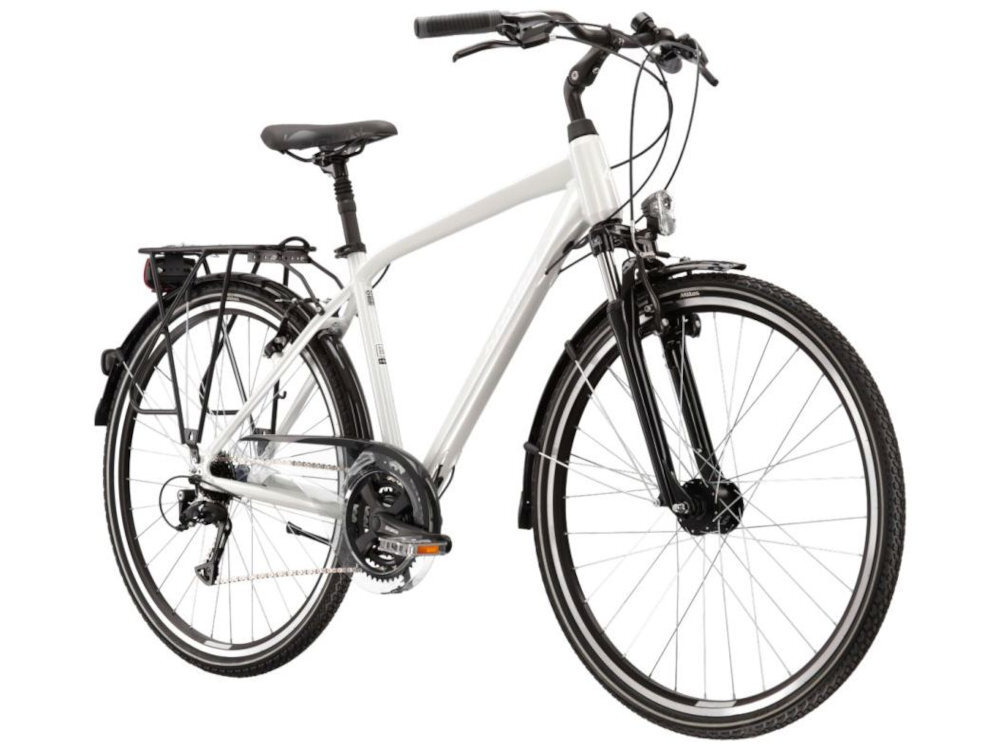 Rower trekkingowy KROSS Trans 4.0 M21 28 cali męski Perłowo-czarny rower na białym tle widoczny od przodu pod skosem komfort jazdy odpowiednia kontrola nad rowerem 21-calowa aluminiowa rama bardzo zwinny lekki (waga 16,85 kg) łatwo podnieść go odporność na korozję wybór rozmiaru ramy wzrost mierzony w zrelaksowanej pozycji typ roweru dla osób o wzroście od 178 do 180 cm