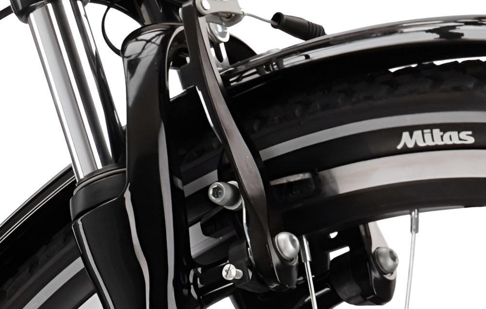 Rower trekkingowy KROSS Trans 4.0 M21 28 cali męski Perłowo-czarny rower na białym tle zbliżenie na przedni hamulec hamulce V-brake z przodu i z tyłu prosta konstrukcja niska masa ułatwia regulację i wymianę klocków hamulcowych płynne działanie i szybkie reagowanie na nacisk klamki