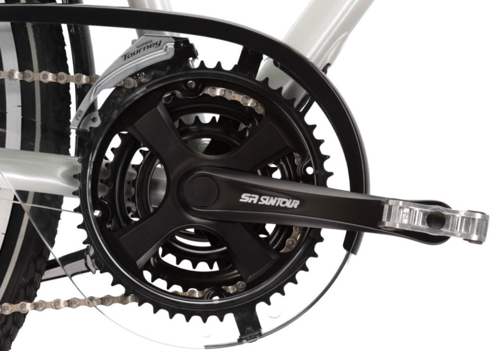 Rower trekkingowy KROSS Trans 4.0 M21 28 cali męski Perłowo-czarny zbliżenie na kasetę i wolnobieg korba PROWHEEL kaseta SHIMANO typu 12-28T płynność pracy układu napędowego swobodne dopasowanie przełożenia do ukształtowania terenu i tempa poruszania się równomierne przenoszenie energii z pedałów na napęd