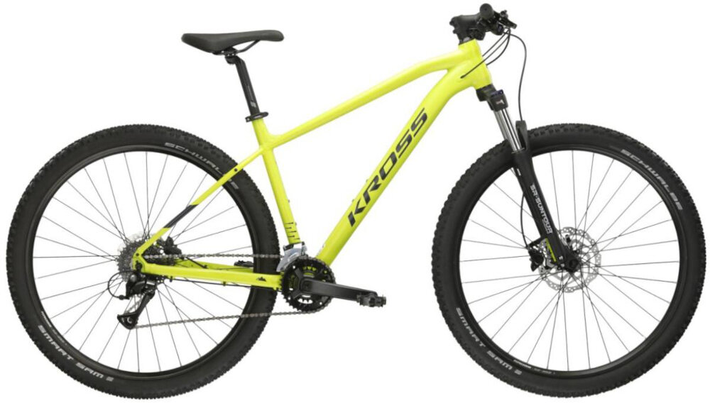 Rower górski MTB KROSS Level 1.0 M22 29 cali męski Limonkowo-czarny mat rower na białym tle widoczny z boku pasja jazda na rowerze środek transportu