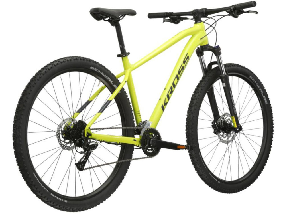 Rower górski MTB KROSS Level 1.0 M22 29 cali męski Limonkowo-czarny mat rower na białym tle widoczny od tyłu pod skosem nad rowerem 22-calowa aluminiowa rama rower jest bardzo zwinny lekki waga 15,2 kg łatwo podnieść go odporność na korozję wybór rozmiaru ramy Twój wzrost mierzony w zrelaksowanej pozycji typ roweru dla osób o wzroście od 195 do 205 cm