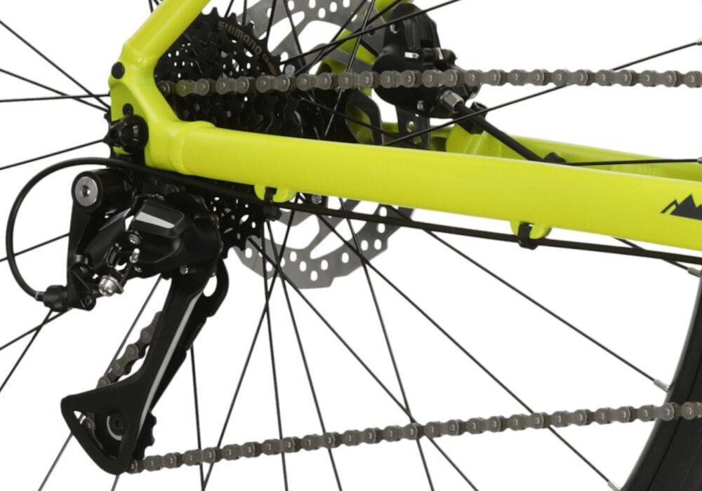 Rower górski MTB KROSS Level 1.0 M22 29 cali męski Limonkowo-czarny mat zbliżenie na tylną przerzutkę przerzutki marki SHIMANO 16 przełożeń duża wytrzymałość sprawne działanie zmiana biegów jest płynna i bezproblemowa przednie przerzutki SHIMANO Altus technologia SHADOW tylna przerzutka SHIMANO Acera