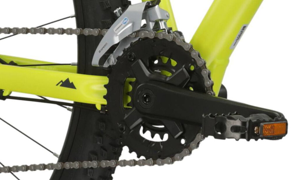Rower górski MTB KROSS Level 1.0 M22 29 cali męski Limonkowo-czarny mat zbliżenie na korbę solidny i wszechstronny napęd korba PROWHEEL typu 22-36T/170 MM  kaseta SHIMANO typu HG41 duża swoboda podczas jazdy ułatwia pokonywanie stromych podjazdów odpowiednie tempo na płaskich odcinkach i podczas szybkich płynna zmiana biegów pomaga dopasować wysiłek do warunków na trasie