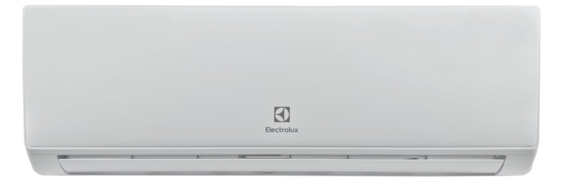 Biały klimatyzator ścienny z logo Electrolux na środku. Urządzenie ma prosty, nowoczesny design z widocznymi wylotami powietrza na dole.