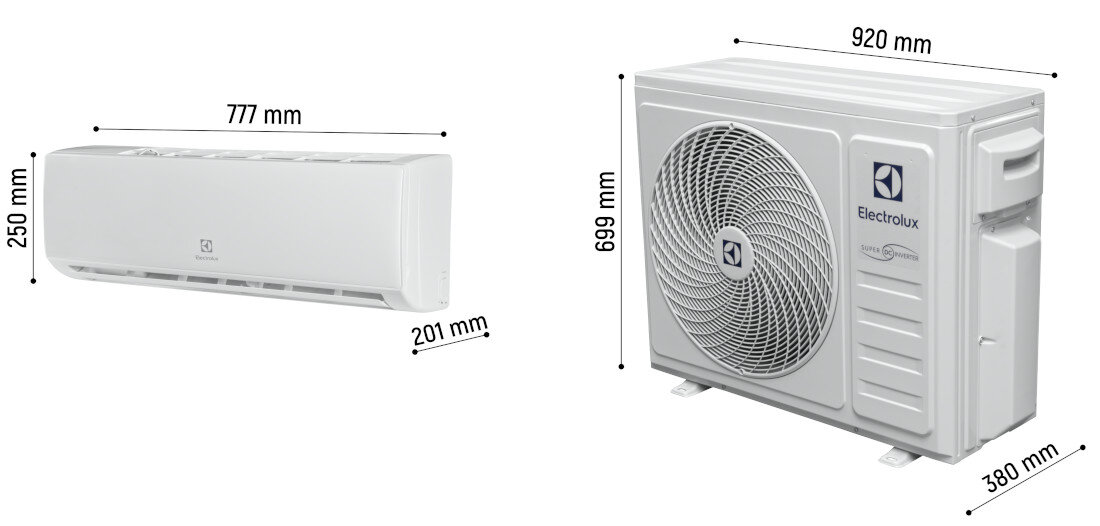 Obraz przedstawia jednostkę wewnętrzną i zewnętrzną klimatyzatora Electrolux z wymiarami: jednostka wewnętrzna 777 mm x 250 mm x 201 mm, jednostka zewnętrzna 920 mm x 699 mm x 380 mm. Na obu jednostkach widoczne jest logo Electrolux.