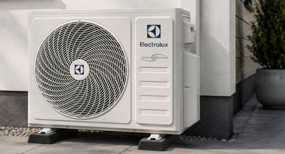 Na zdjęciu widoczna jest jednostka zewnętrzna klimatyzatora marki Electrolux z logo i napisem \'SUPER DC Inverter\'. Urządzenie stoi na betonowej powierzchni obok budynku.