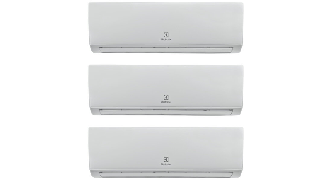 Trzy jednostki klimatyzacyjne w kolorze białym z widocznym logo Electrolux na każdej z nich.