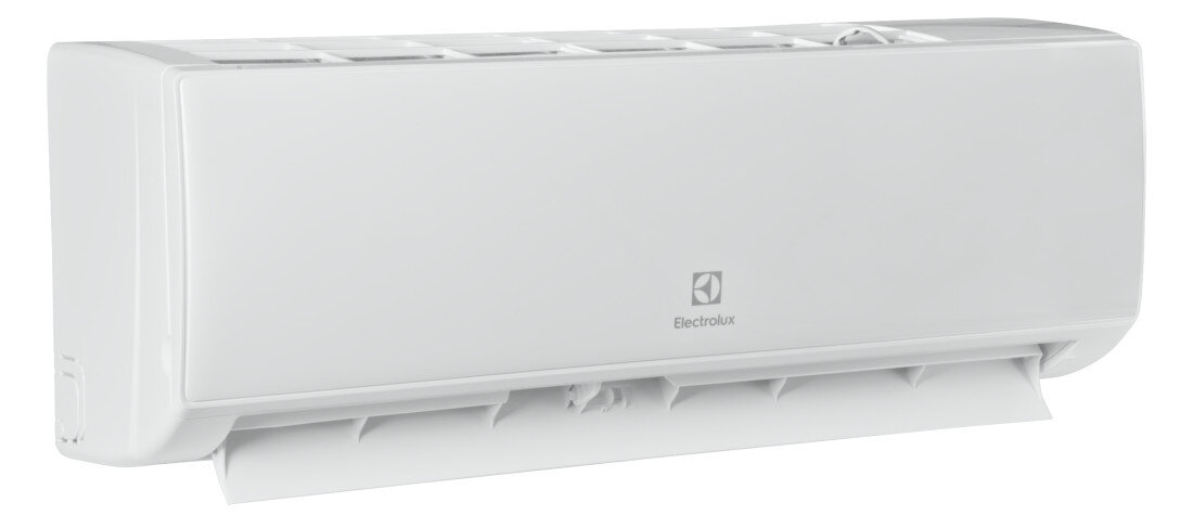 Biały klimatyzator ścienny z widocznym logo Electrolux na przednim panelu. Urządzenie ma prosty, nowoczesny design z otworami wentylacyjnymi na dole.