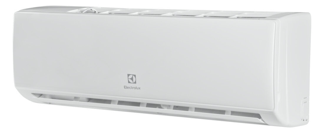 Biały klimatyzator ścienny z widocznym logo Electrolux na przednim panelu. Urządzenie ma prosty, nowoczesny design z poziomymi otworami wentylacyjnymi na dole.