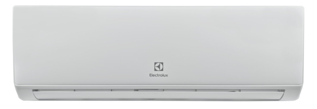 Biały klimatyzator ścienny z logo Electrolux na środku obudowy.