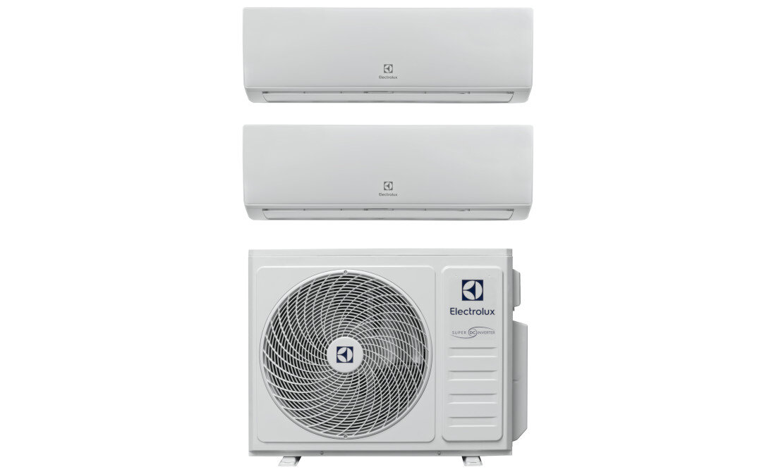 Na obrazie widoczne są trzy jednostki klimatyzacyjne: dwie wewnętrzne i jedna zewnętrzna. Na każdej jednostce znajduje się logo Electrolux.